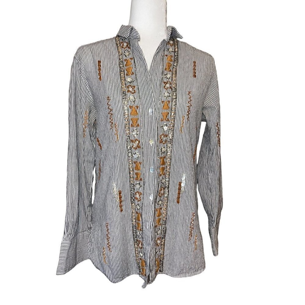 Zara Premium Denim Collection Embroidered Beaded Long Sleeve Button Blouse Size